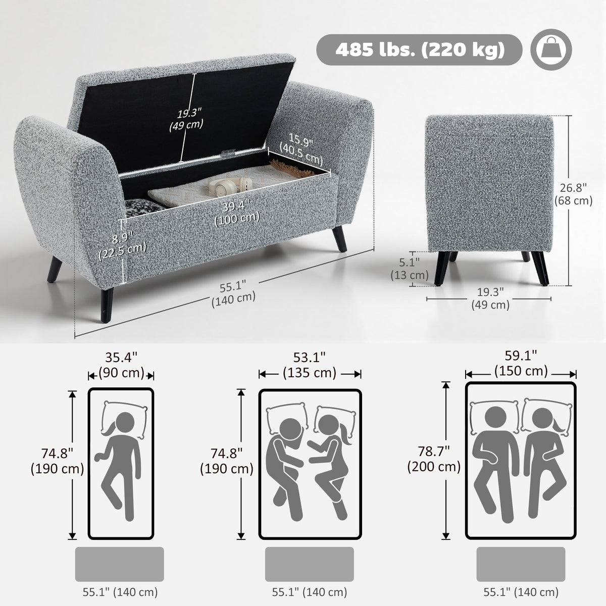 Upholstered Storage Bench with Arms, Modern Ottoman Bench for Bedroom, Entryway, and Living Room, Black