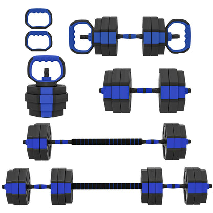 6-in-1 Adjustable Dumbbell Set, Used as Kettlebell, Barbell, Dumbbell, Push-Up Stand, 44lbs Free Weights Set, Blue