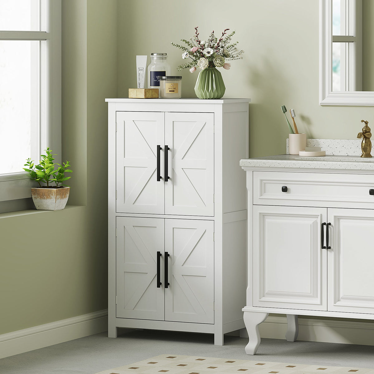 Farmhouse Bathroom Storage Cabinet, Bathroom Floor Cabinet with Barn Doors and Adjustable Shelf, Black