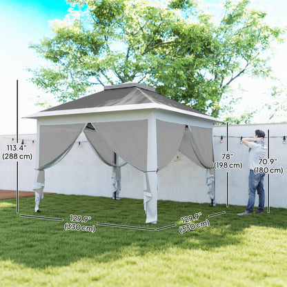 11' x 11' Pop Up Gazebo, Double Roof Foldable Height Adjustable Canopy Tent with Mesh Sidewalls, Carrying Bag, Beige