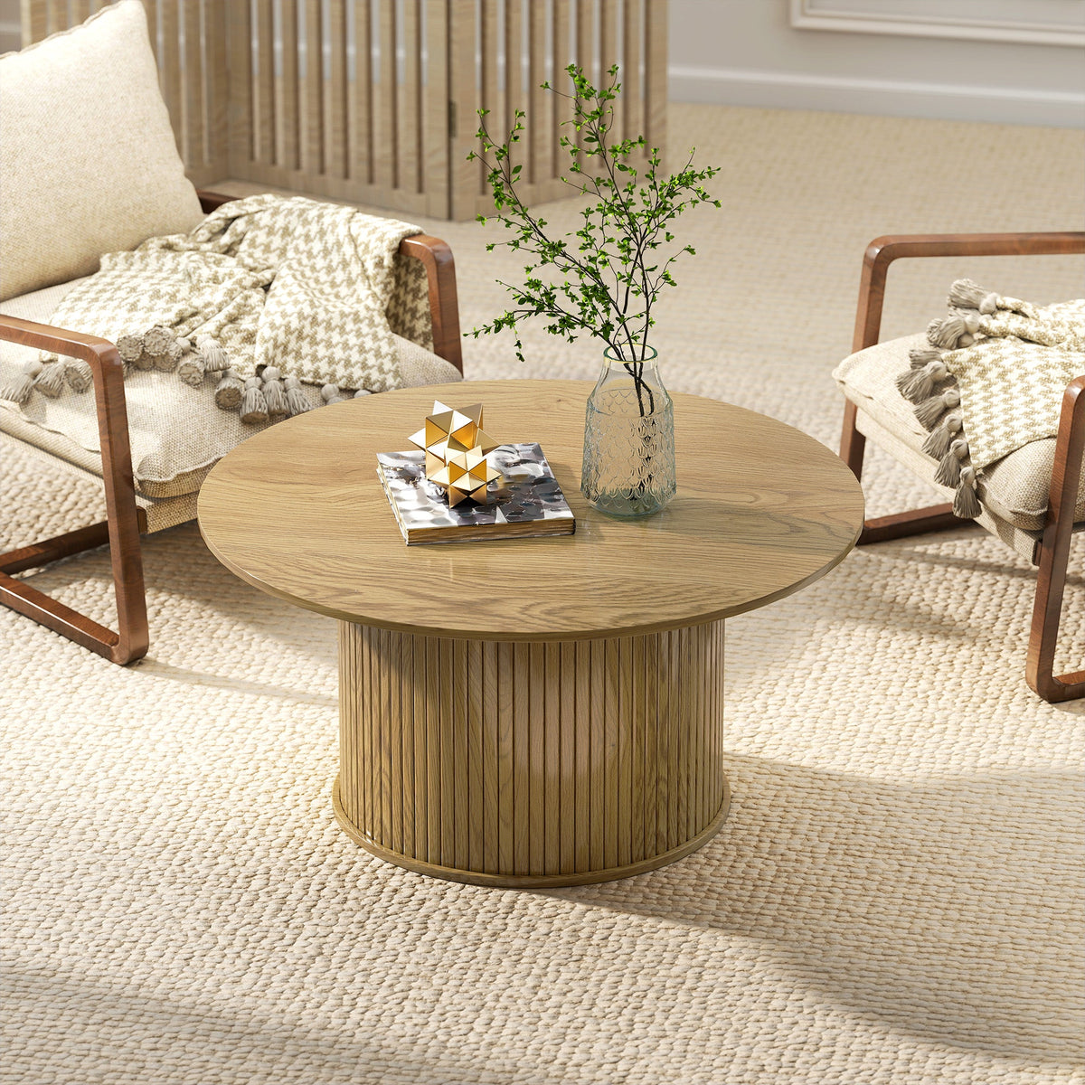 Cedar 31.5" Modern Nordic Style Center Table with Fluted Base-Oak