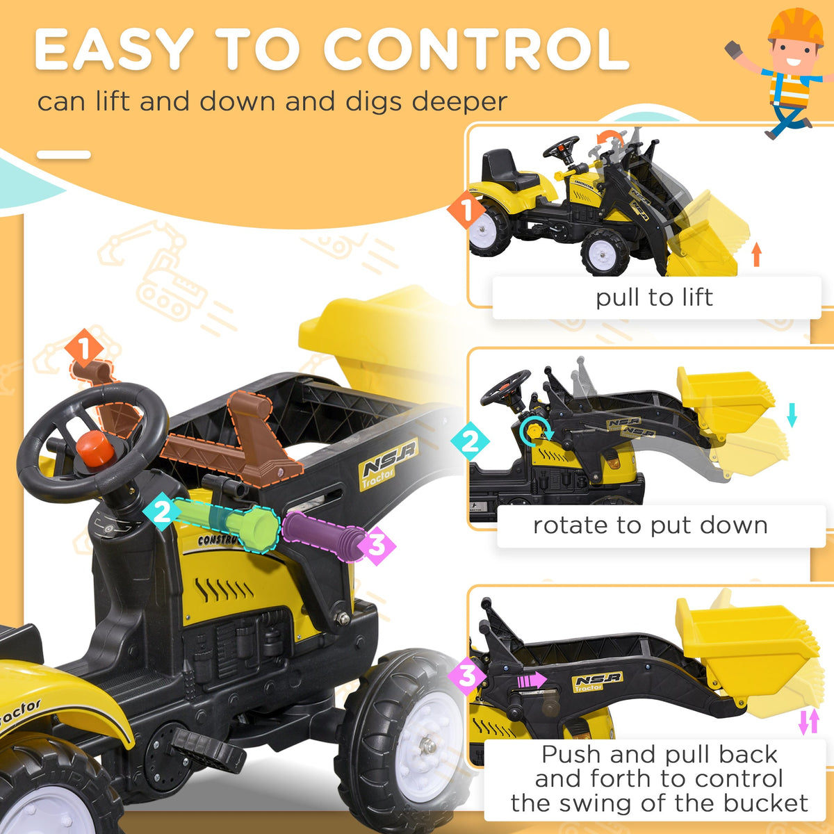 Ride on Tractor for Kids, Pedal Construction Car with Front Loader Digger for 3 Years Old, Yellow