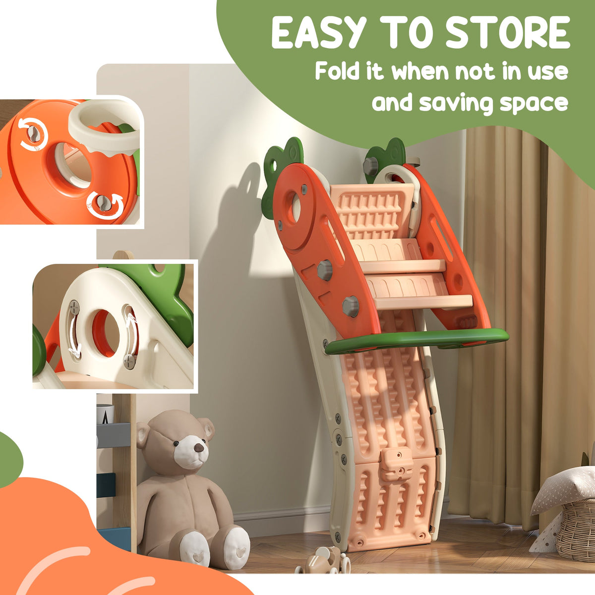 3 in 1 Foldable Toddler Slide with Basketball Hoop, Climber, for 1-3 Years Old, Orange