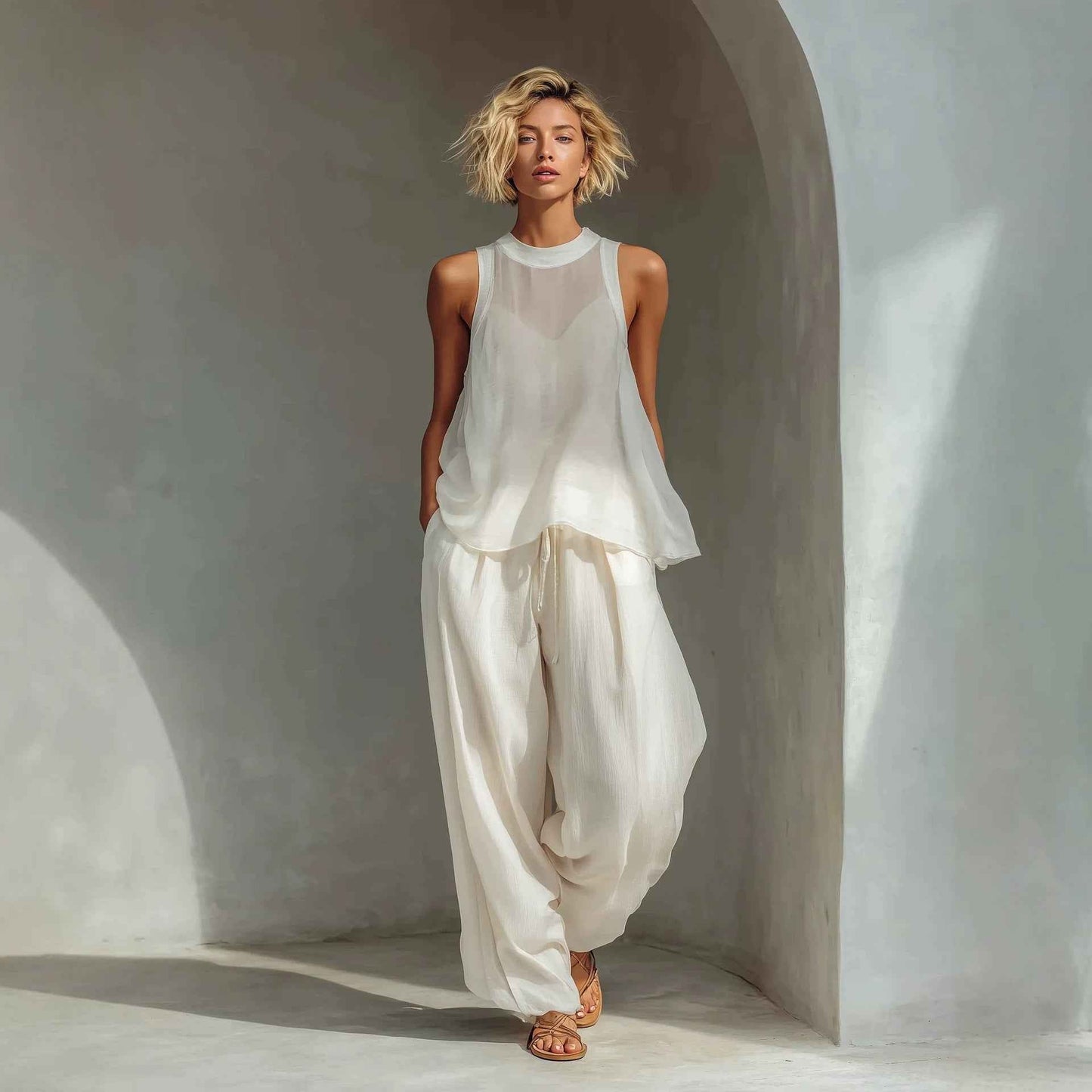 Sheer Round-neck Sleeveless Tank Top And Drawstring Wide-leg Pants Set