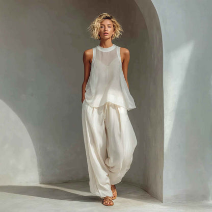 Sheer Round-neck Sleeveless Tank Top And Drawstring Wide-leg Pants Set