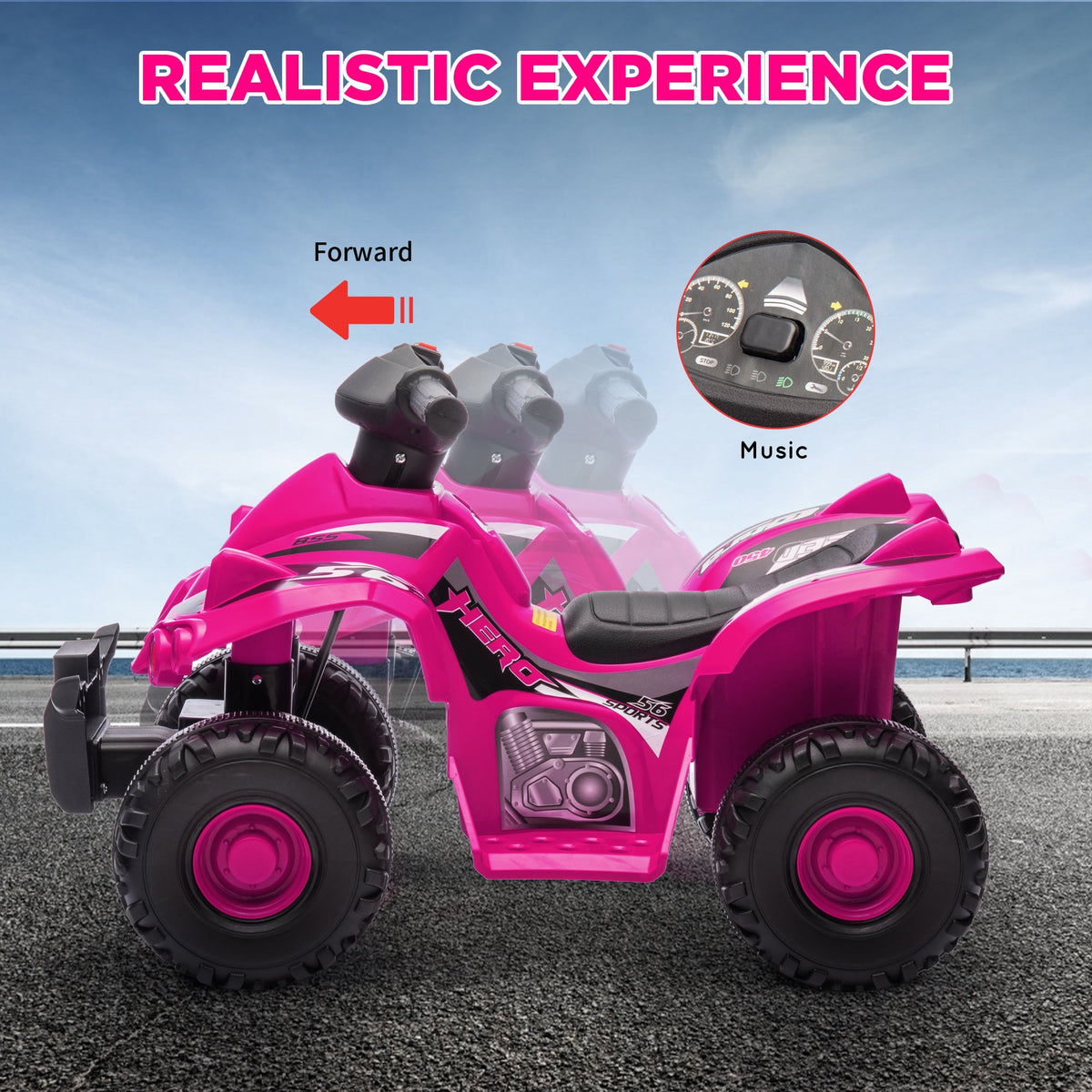 6V Kids ATV Quad w/ Music, Forward, for 2-6 Years, Pink