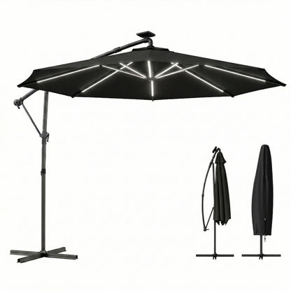 10 ft Offset Patio Umbrella with Solar Light, Garden Hanging Parasol with 360° Rotation, Tilt, Cover, Black