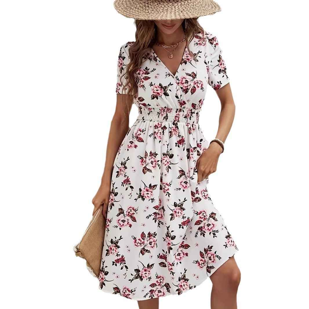 New Short Sleeve Cross Collar Dress Elastic Waist Printed Dress