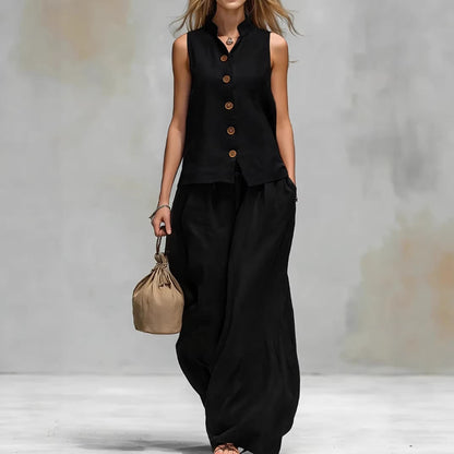 Casual Two-Piece Stand Collar Sleeveless Vest And Matching Pants Set - Summer Women Vest & Pan Two Piece Outfit