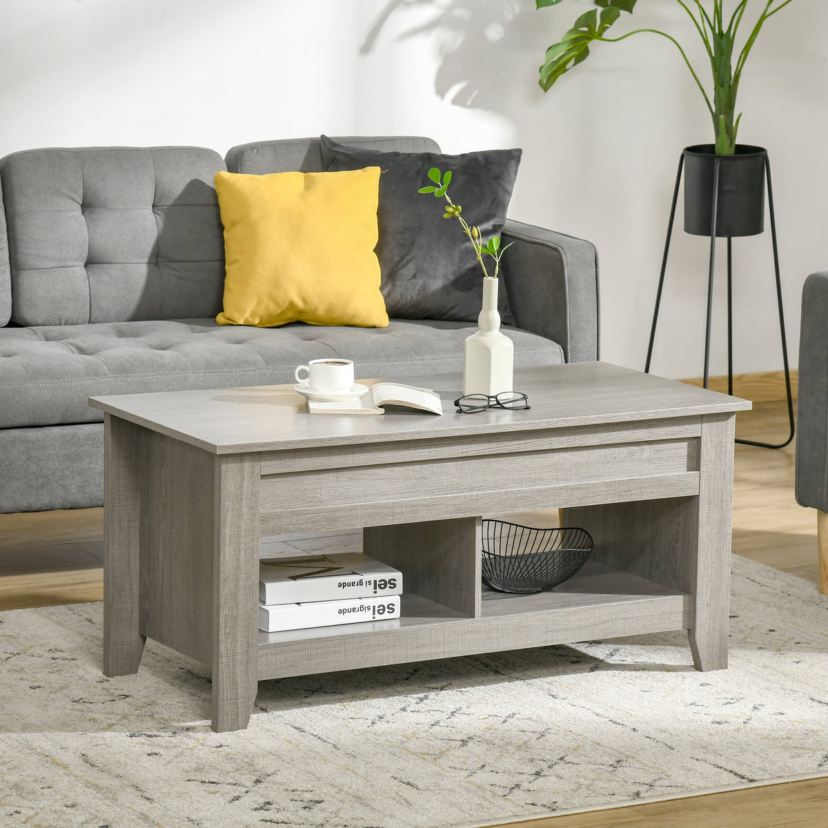 Lift Top Coffee Table with Hidden Storage Compartment and Open Shelves, Lift Tabletop Pop-Up Center Table for Living Room, Dark Walnut