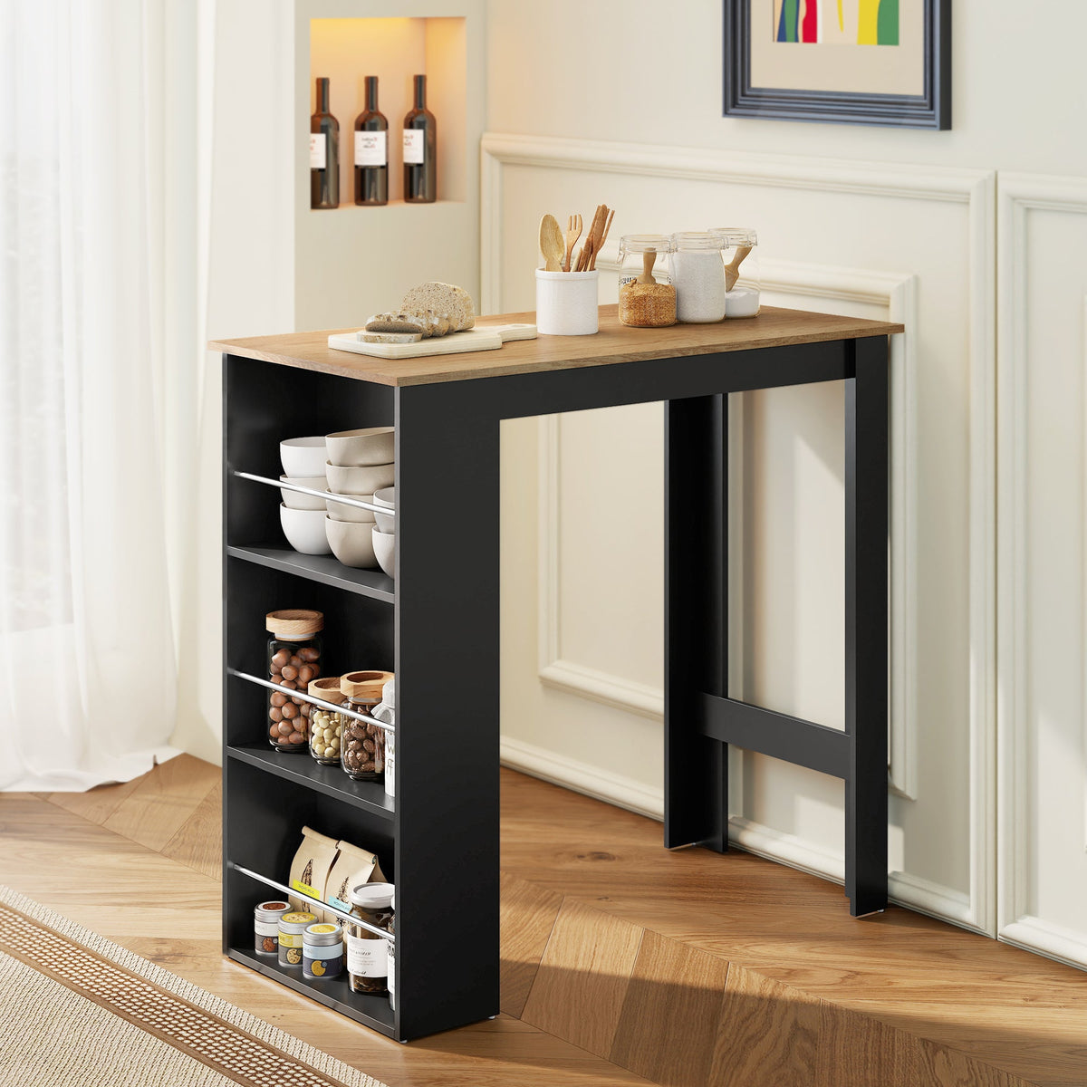 Bar Table Counter Height Dining Table with 3 Storage Shelves for Kitchen, Dining Room, Living Room, Natural
