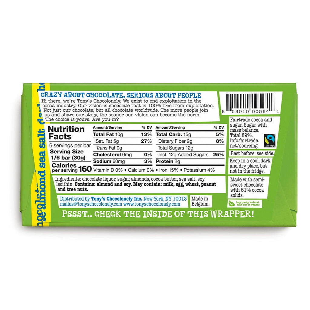 Tony's Chocolonely 51% Dark Chocolate Bar with Almonds and Sea Salt, 180g