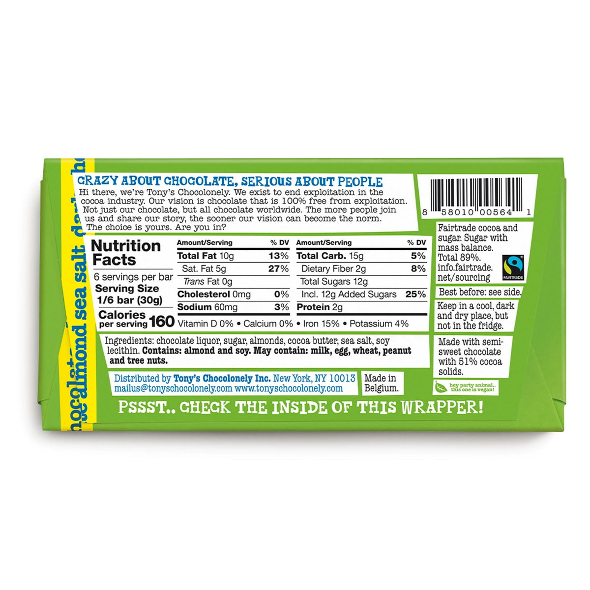Tony's Chocolonely 51% Dark Chocolate Bar with Almonds and Sea Salt, 180g