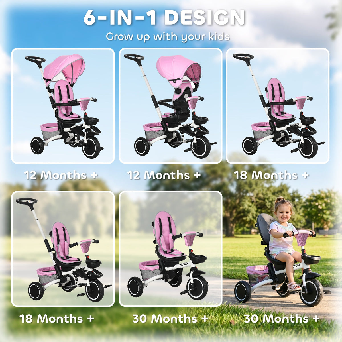 Tricycle for Toddler 6-in-1 Kids Trike, Foldable Converts Stroller to Baby Push Bike, Adjustable Backrest with Detachable Guardrail & Handle, Brake for 1-4 Years Old, Grey