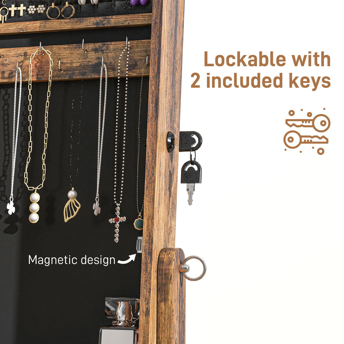 Mirror Jewelry Cabinet Armoire, Lockable Jewelry Organizer with Full-Length Mirror, 3 Angle Adjustable, Grey