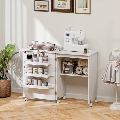 Sewing Machine Cabinet, Folding Sewing Table with Storage Shelf, Bins and Lockable Wheels for Small Space, Brown