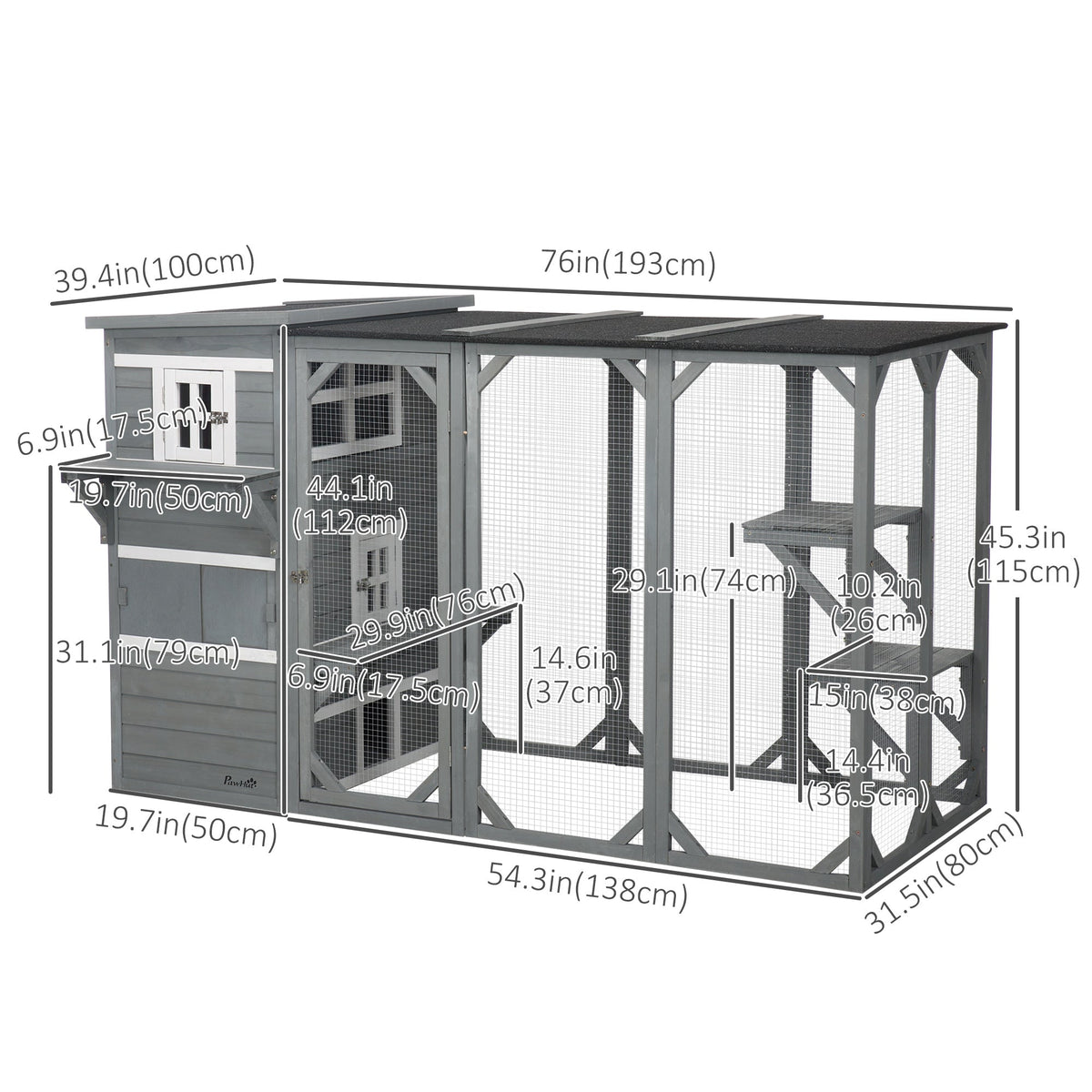 Wooden Cat Catio, 76"L Walk in Outdoor Cat House with Asphalt Roof, Platforms, Lockable Doors, 3-tier Resting Condo, Observation Window, for 2-3 Cats, Light Grey