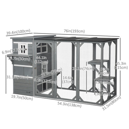 Wooden Cat Catio, 76"L Walk in Outdoor Cat House with Asphalt Roof, Platforms, Lockable Doors, 3-tier Resting Condo, Observation Window, for 2-3 Cats, Light Grey
