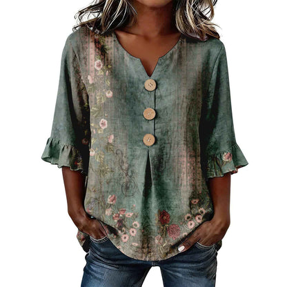 Womens Three-quarter-sleeve Buttoned Blouse With A Floral Pattern