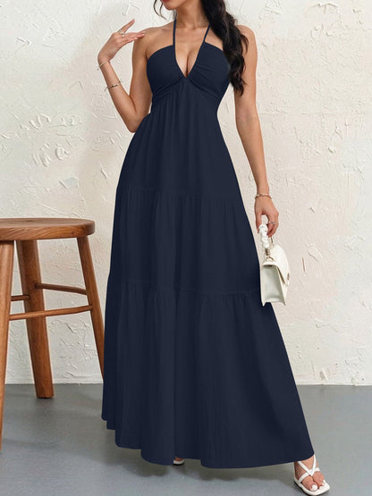 Backless Halterneck V-Neck Pleated A- Line Dress Women's Clothing One-Piece Dress Ankle-length Skirt For Beach Vacation Outfits