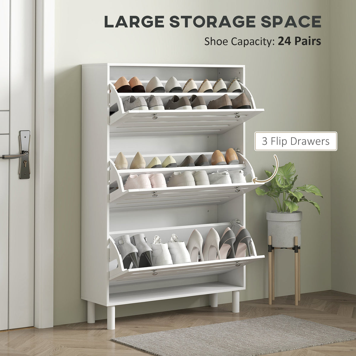 Narrow Shoe Storage Cabinet, 3 Flip Drawers, Adjustable Shelves, 18-24 Pairs Capacity, Black