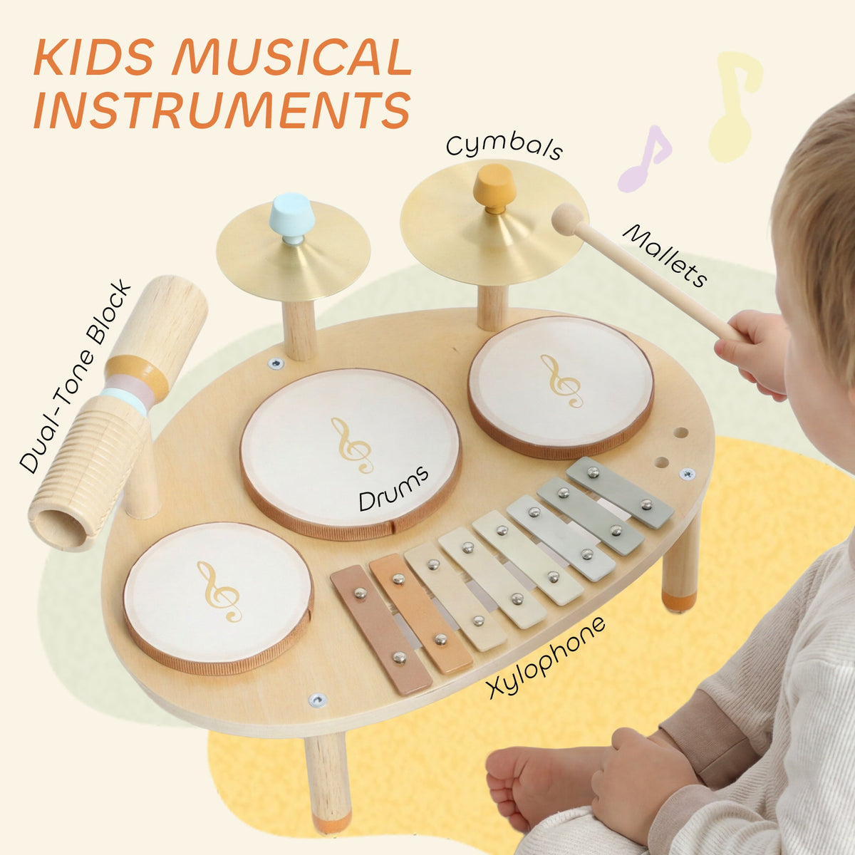 Toddler Drum Set, 4-in-1 Musical Instruments for Kids 2+, Gifts for Girls Boys Birthday, Natural Wood