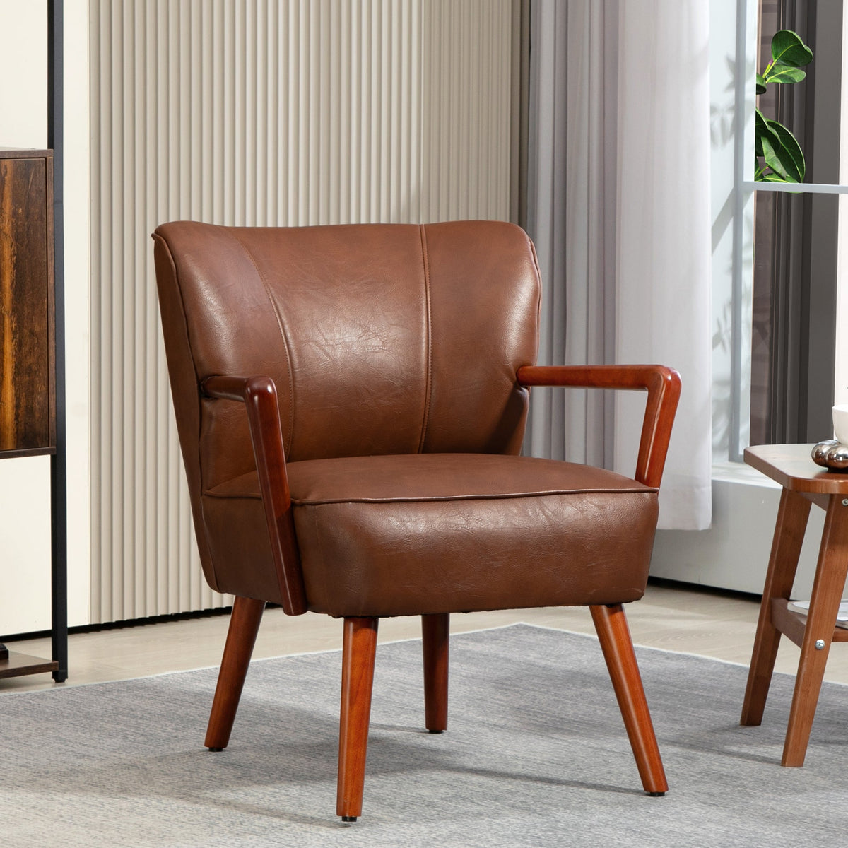 Accent Chair, Modern Armchair, Faux Leather Upholstered Living Room Chair with Wood Legs and Wide Padded Seat, Black