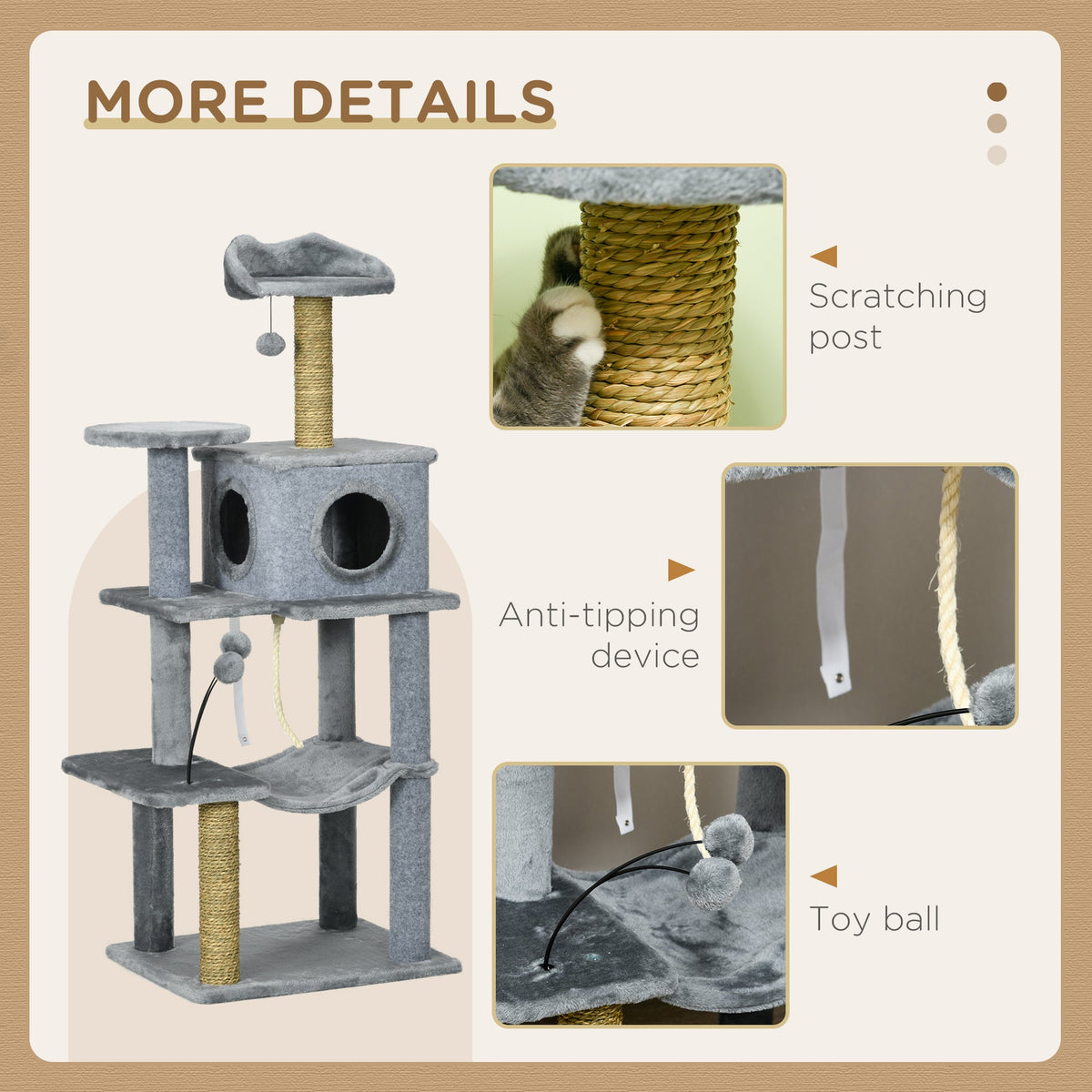 54" Cat Tree for Larger Cats Adult with Hammock, Tal Cat Tree Tower with Scratching Post, Condo, Platforms, Play Balls for Indoor Cats, Grey