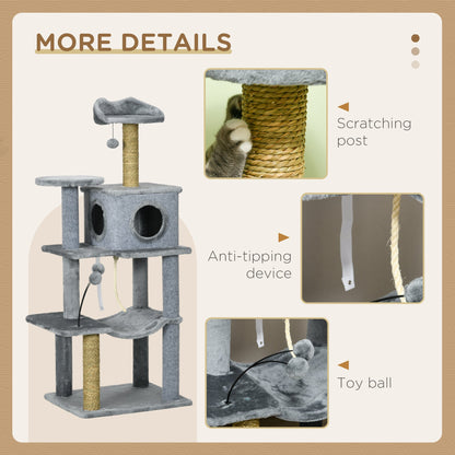54" Cat Tree for Larger Cats Adult with Hammock, Tal Cat Tree Tower with Scratching Post, Condo, Platforms, Play Balls for Indoor Cats, Grey