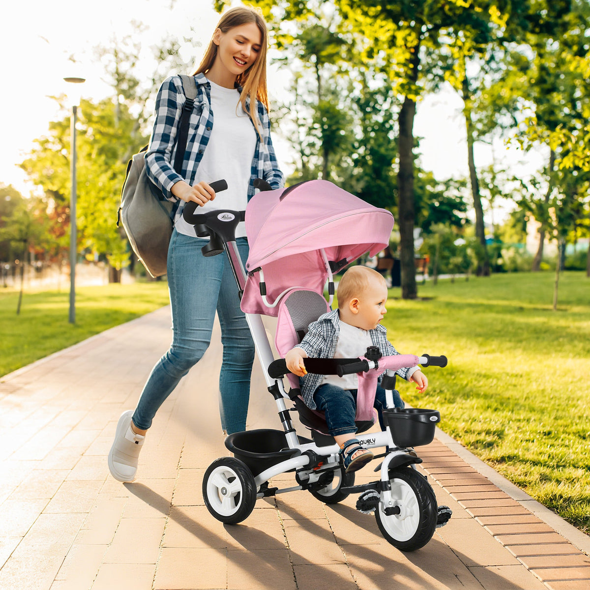 6 in 1 Toddler Tricycle with Parent Push Handle, Canopy, Storage Baskets, Cupholder, Dark Blue