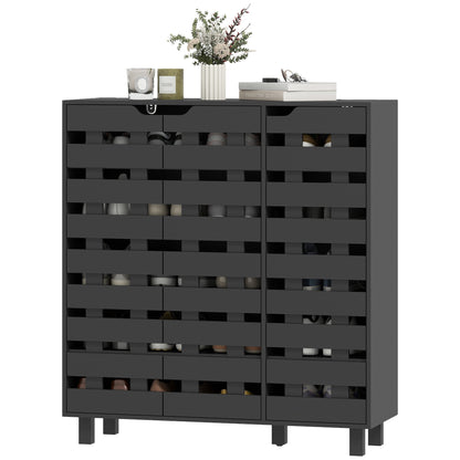 Shoe Cabinet, 21 Pair Shoe Storage Cabinet Organizer with 5-tier Double Door Cupboard and 5-tier Open Shelves, Black