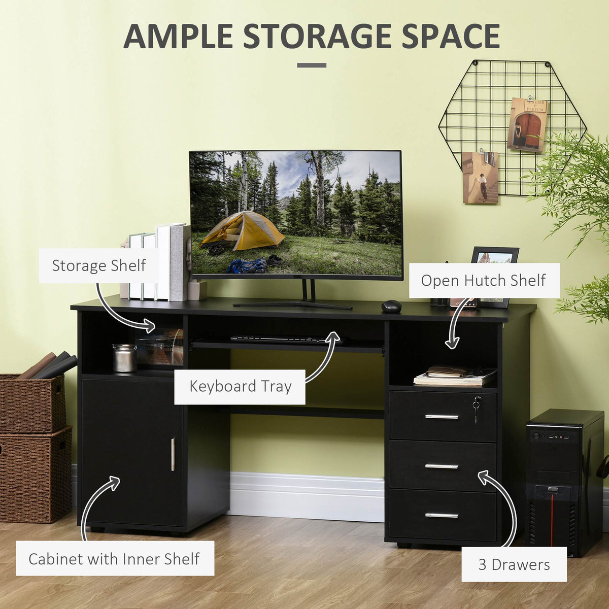 Bloom 57" Computer Desk with Keyboard Tray and Storage Drawers-Black