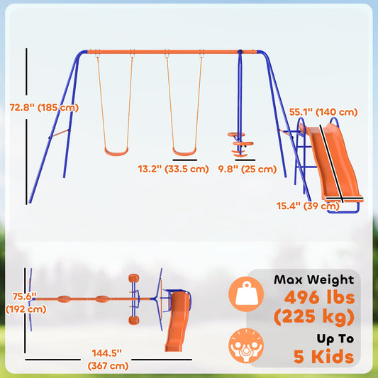 4 in 1 Metal Swing Set with Double Swings, Glider, Slide, Ladder for Backyard, Outdoor, Playground, Multicoloured