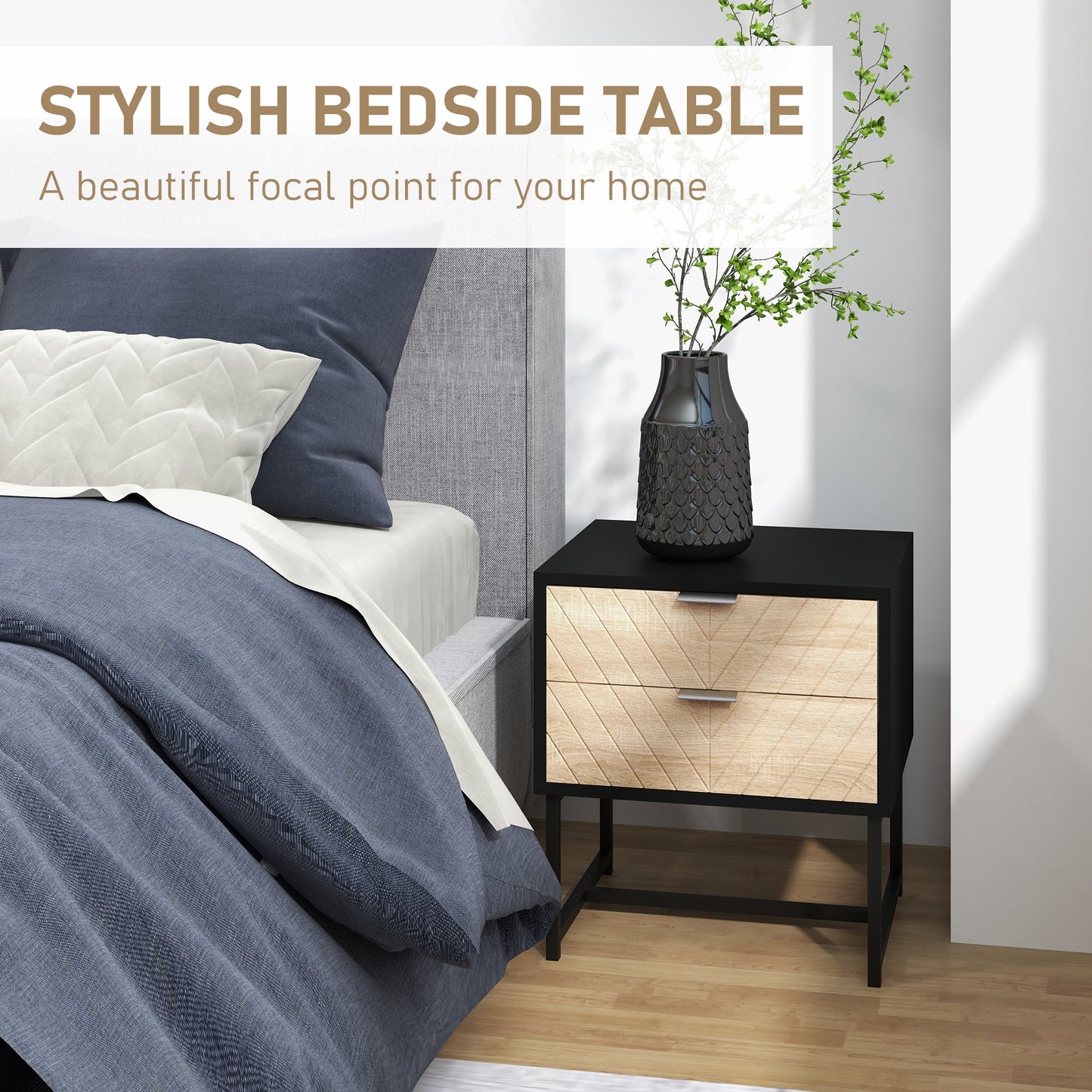 Emery Modern Bedside Table with 2 Drawers and Steel Legs-Black/Oak