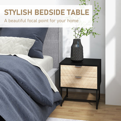 Emery Modern Bedside Table with 2 Drawers and Steel Legs-Black/Oak