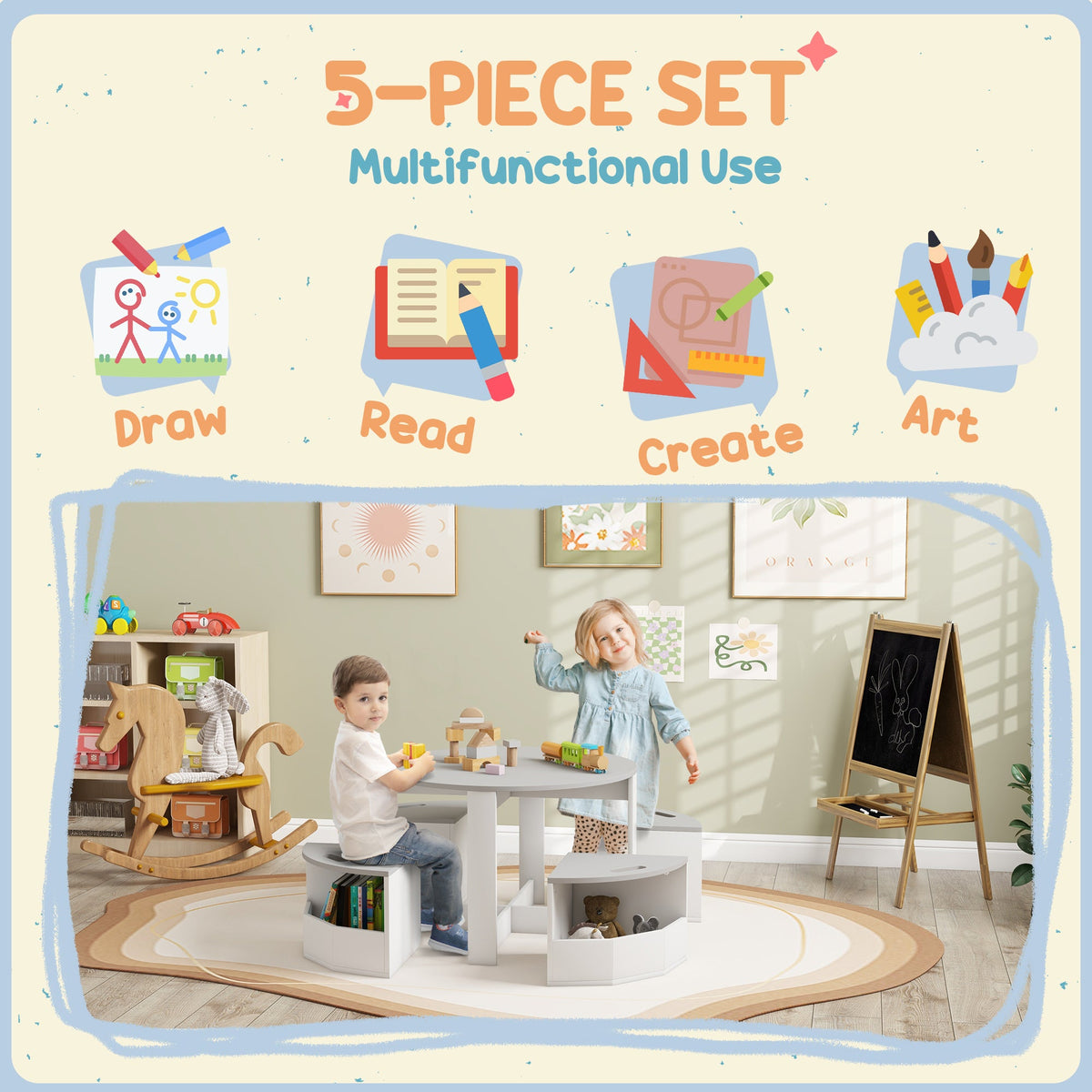 5 Piece Kids Table and Chair Set with Storage for Kids Room, Grey