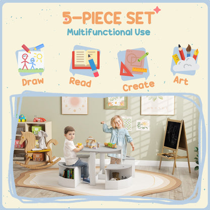 5 Piece Kids Table and Chair Set with Storage for Kids Room, Grey