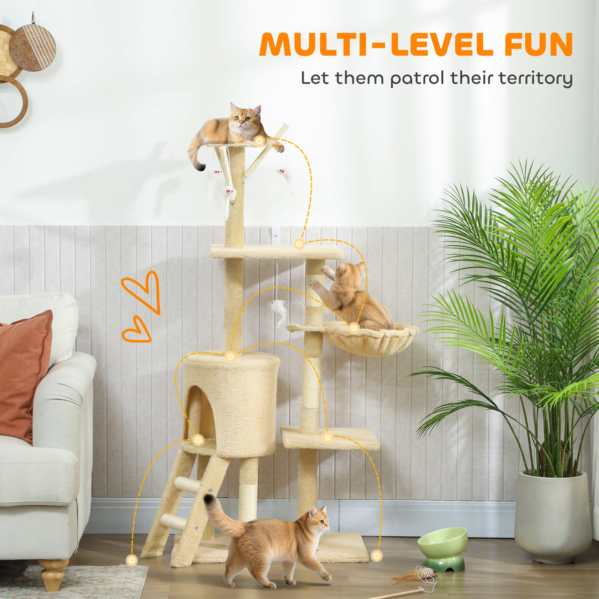 53" Cat Tree Tower, Kitten Activity Centre with Scratching Posts, Condo, Perches, Ladder, Hammock, Dangling Toys, Grey