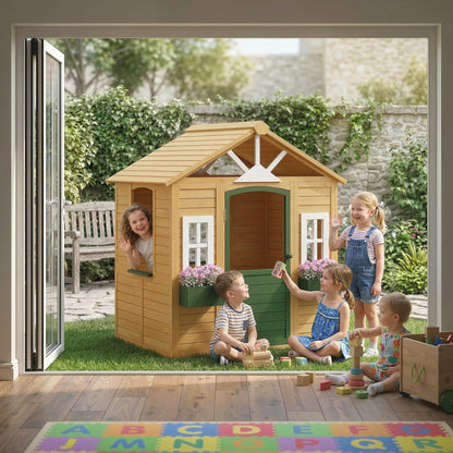 Outdoor Playhouse, Wooden Kids Playhouse with Door, 3 Windows, 2 Flower Boxes for Garden, Indoor Playroom, Ages 3–8