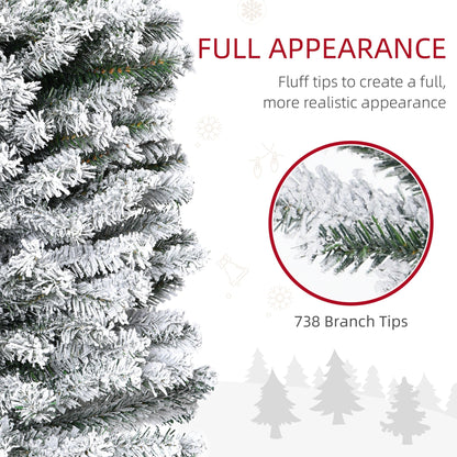 6ft Flocked Christmas Tree, Pencil Christmas Tree with Realistic Branch Tips, Folding Metal Stand, Green