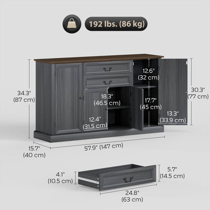 Farmhouse Sideboard with Charging Station and Thickened Top, 58" Buffet Cabinet with 2 Soft-Close Drawers, Black