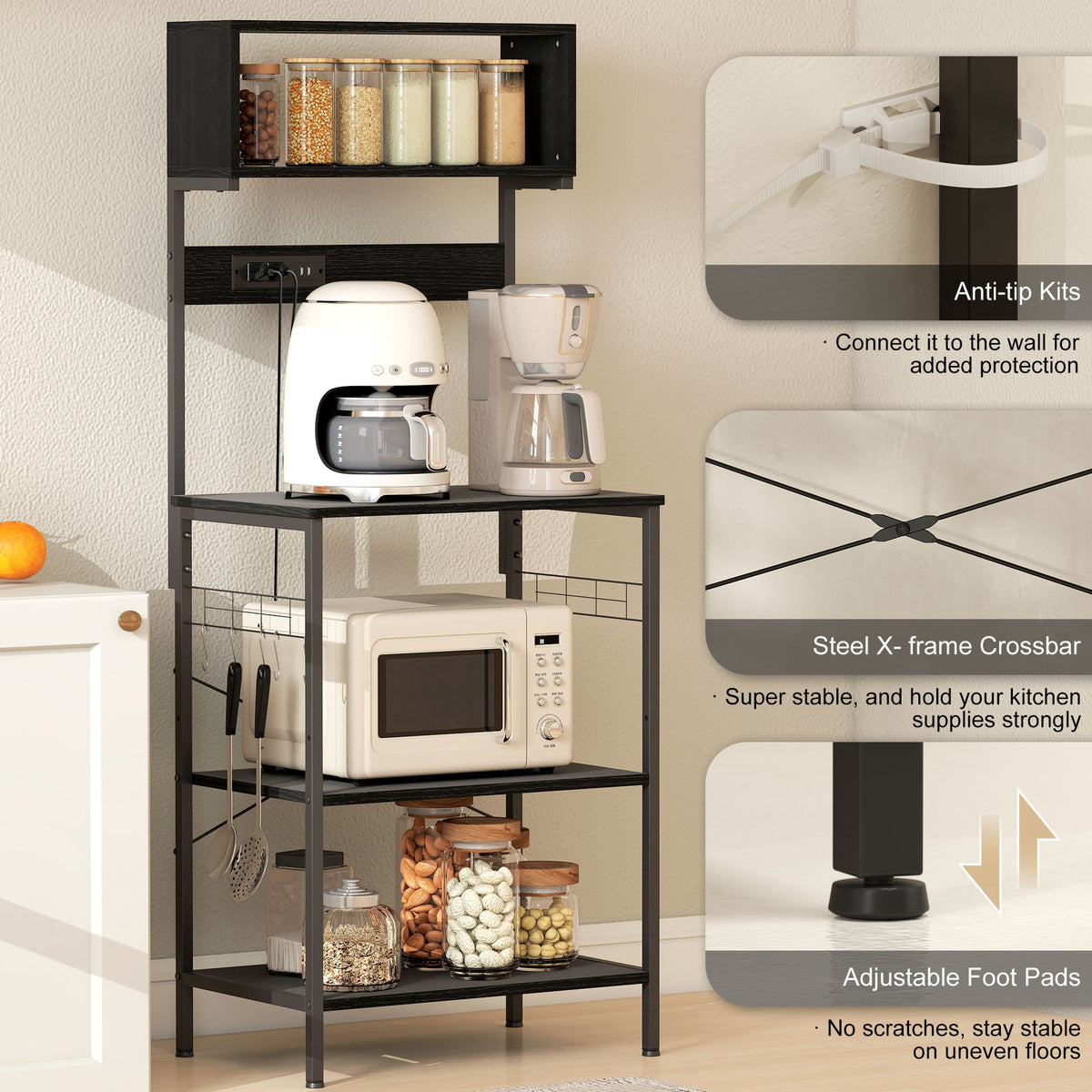 Baker's Rack with Charing Station, Microwave Shelf with Power Outlet, USB Charger and 5 Hooks, Black