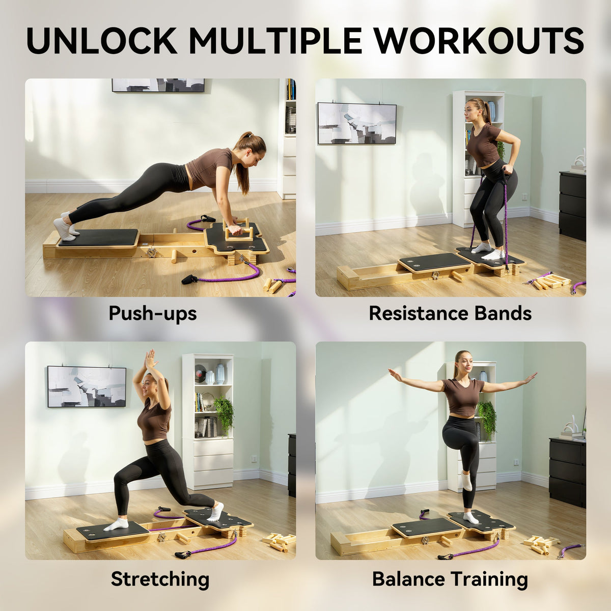 Foldable Pilates Reformer Machine, Multifunctional Pilates Board with Resistance Bands and Multi-Grips for Home Gym