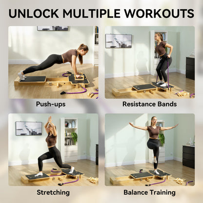 Foldable Pilates Reformer Machine, Multifunctional Pilates Board with Resistance Bands and Multi-Grips for Home Gym