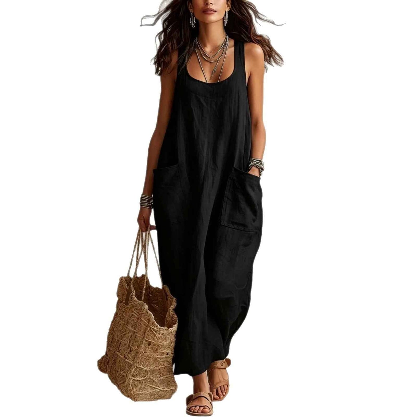 Elegant Casual Long Slip Dress With Pockets