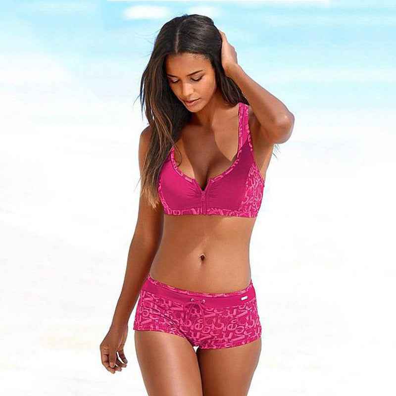 Women's European And American Printed Split Four Corners Zipper Bikini Swimsuit