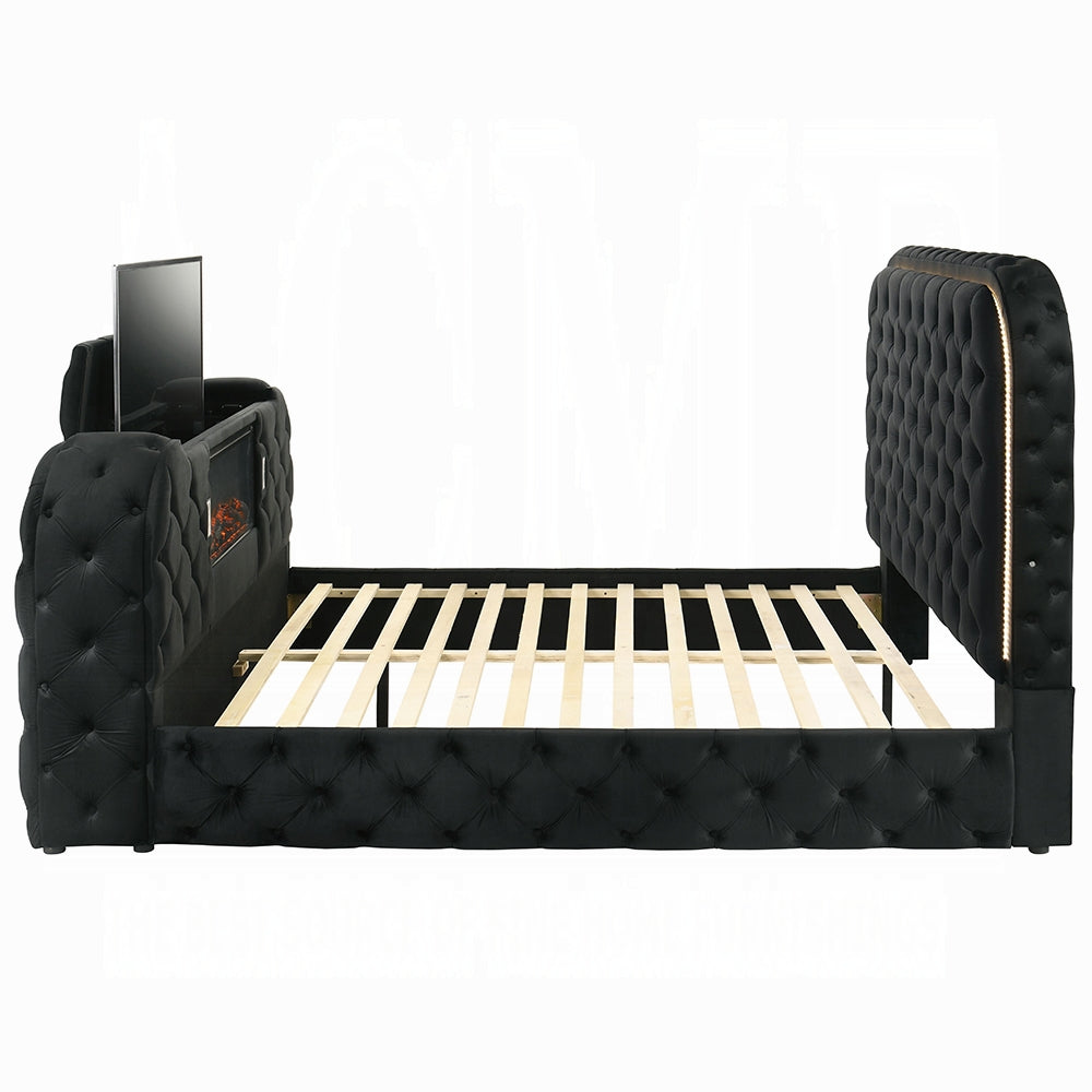 Tagus Smart Platform Bed with LED/ Fireplace/ TV Stand - Black