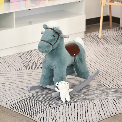 Kids Rocking Horse Plush Animal on Wooden Rockers with Sounds, Wooden Base and Bear Toy, Baby Rocking Chair, Brown