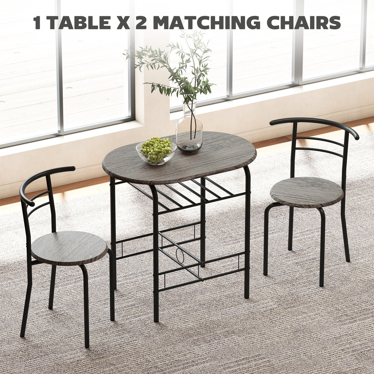 Foden 3-Piece Dining Set with Shelf, for Small Spaces-Dark Grey