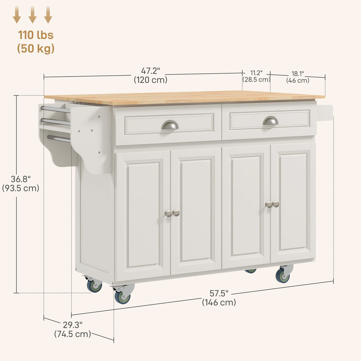 Kitchen Island with Storage, Rolling Kitchen Island with Drop Leaf, Rubber Wood Top and Adjustable Shelves, Cream White